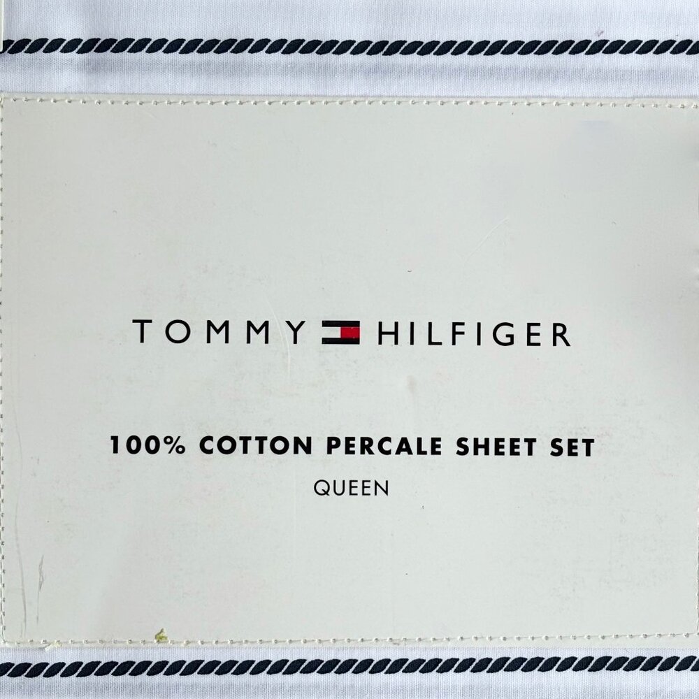 Tommy Hilfiger Navy Blue Rope Stripe QUEEN Size Sheet Set Crisp Cotton Percale